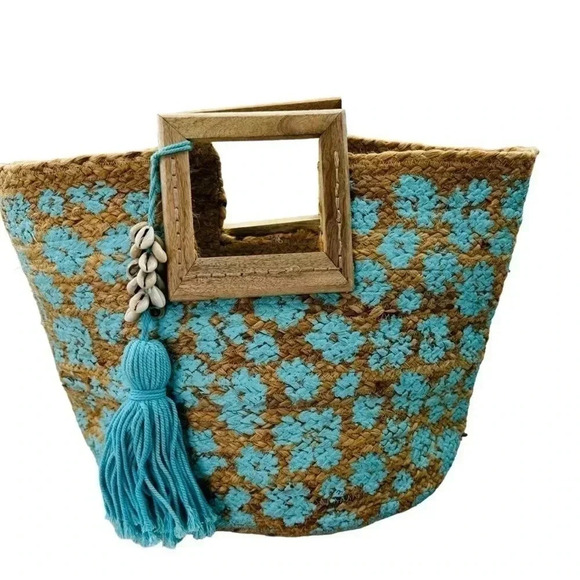 Twig & Arrow Boho Woven Jute Hand Painted Turquoise Flower Tote Beach Bag - Picture 1 of 10